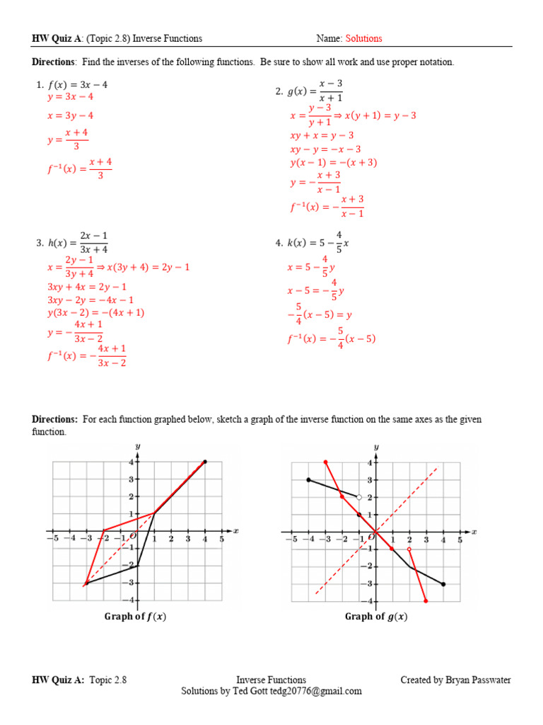 HW Quiz A Key Topic 2.8 Inverse Functions | PDF | Mathematical ...