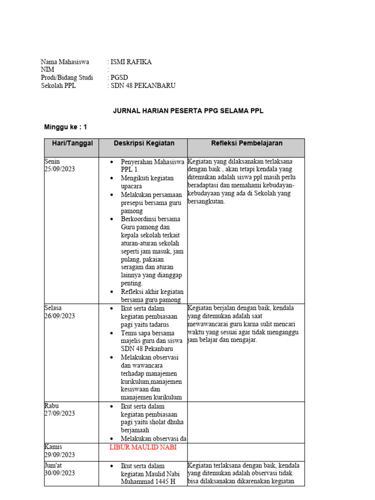 PPL Lampiran 9 Contoh Jurnal Harian Ok Compress | PDF