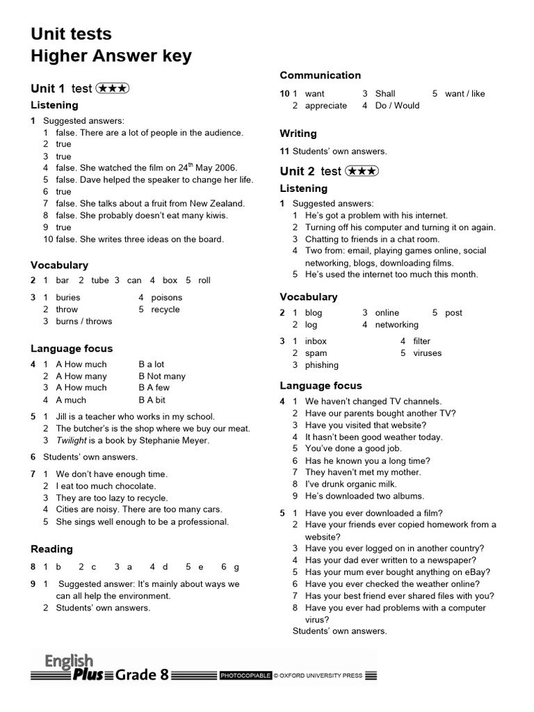 Unit Tests Higher Answer Key | PDF