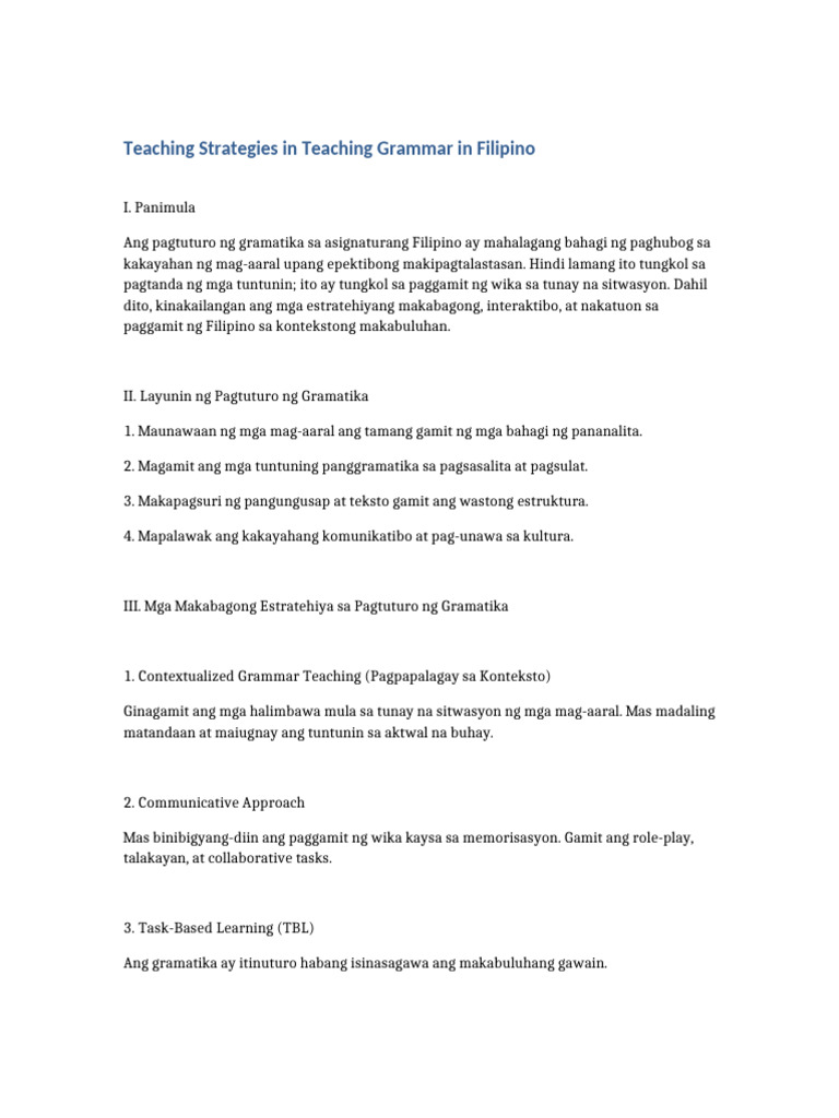 Teaching Strategies Grammar Filipino | PDF