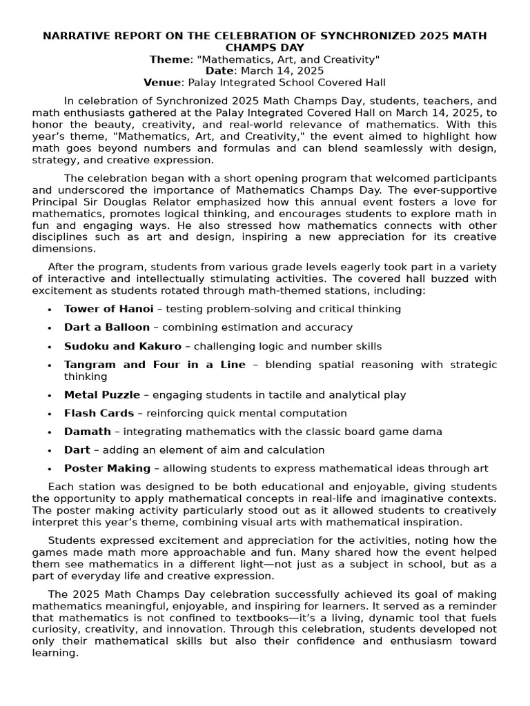 Narrative Report On The Celebration of Synchronized 2025 Math Champs ...