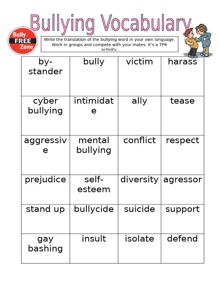 Bullying Vocabulary Fun Activities Games Games Icebreakers Warmers Coo ...