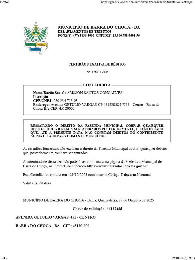 Certidão Negativa Municipal | PDF