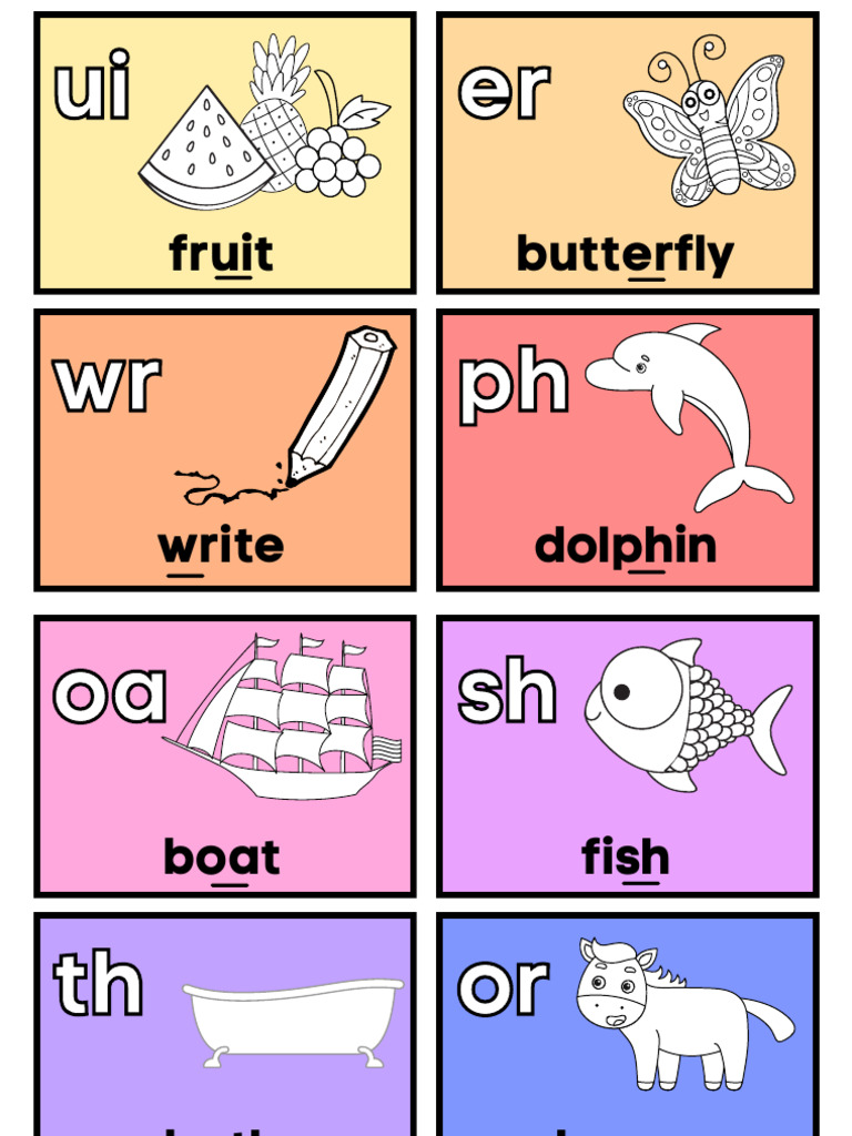Digraphs Flashcards in Colorful Lined Cartoons | PDF