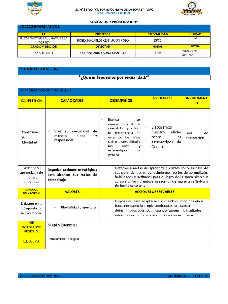 Sesion de Aprendizaje #01 - DPCC 1° A - B - C - D - U Iv | PDF ...