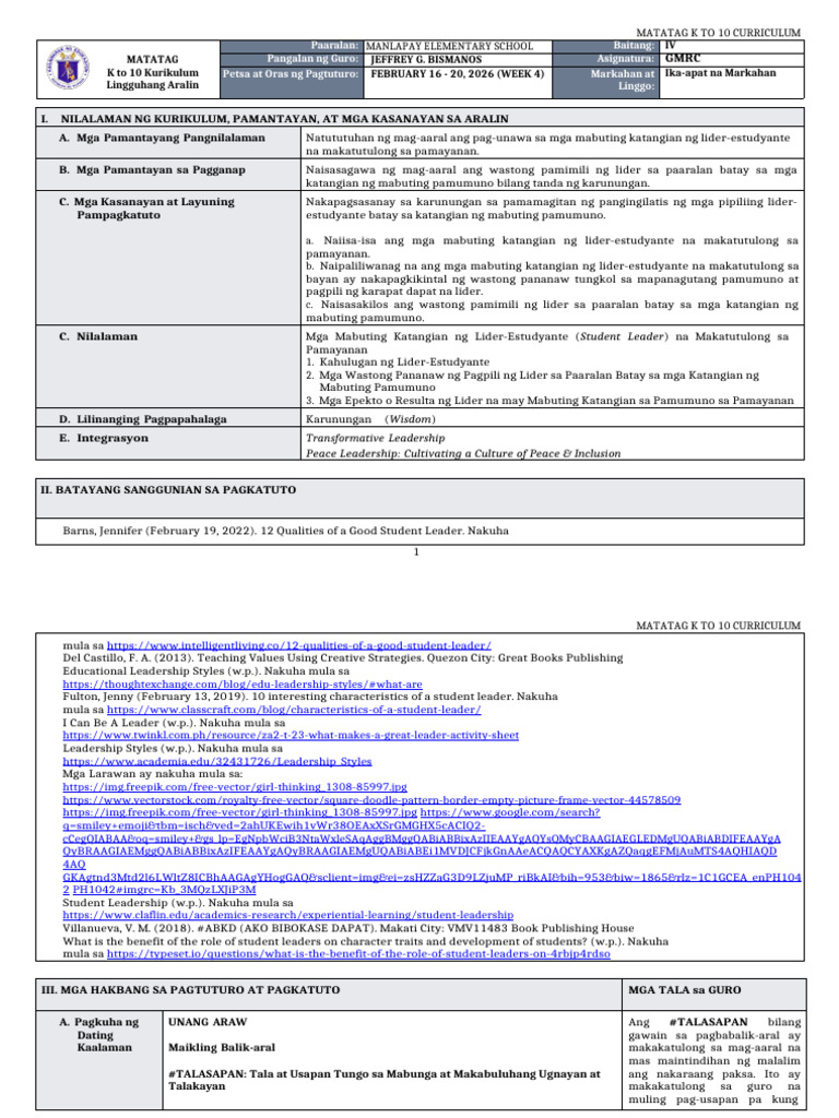 DTC - DLL Matatag - GMRC 4 q4 w4 | PDF