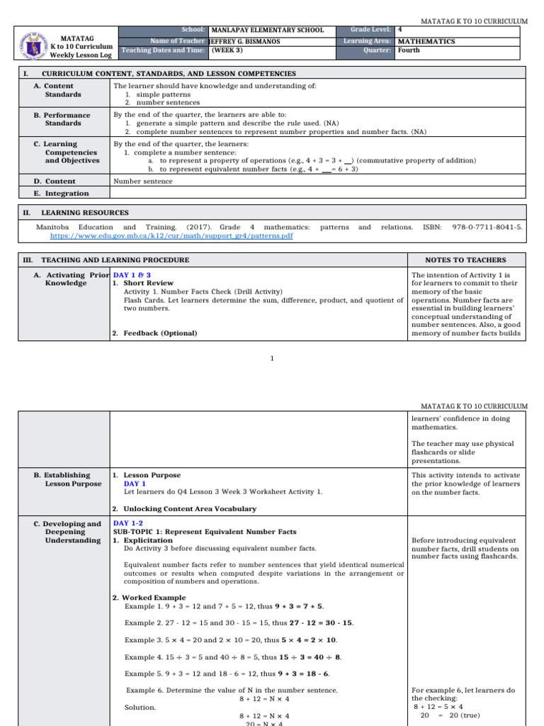 DLL Matatag - Math 4 q4 w3 | PDF | Learning | Curriculum