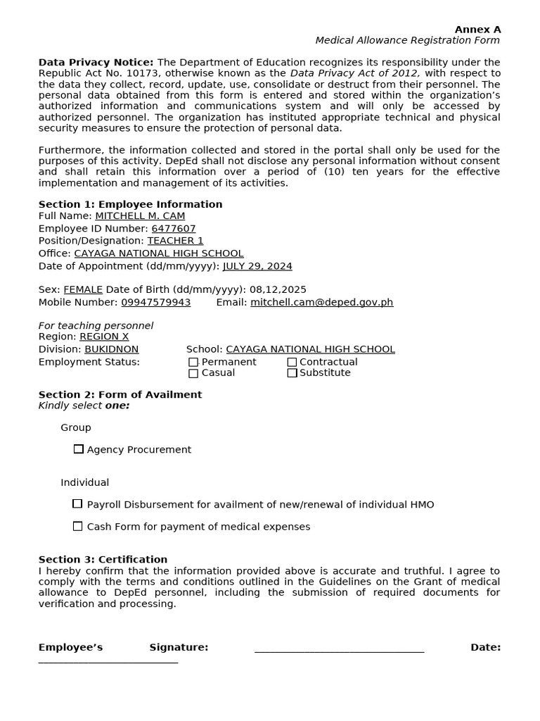 Annex A Medical Allowance Registration Form | PDF