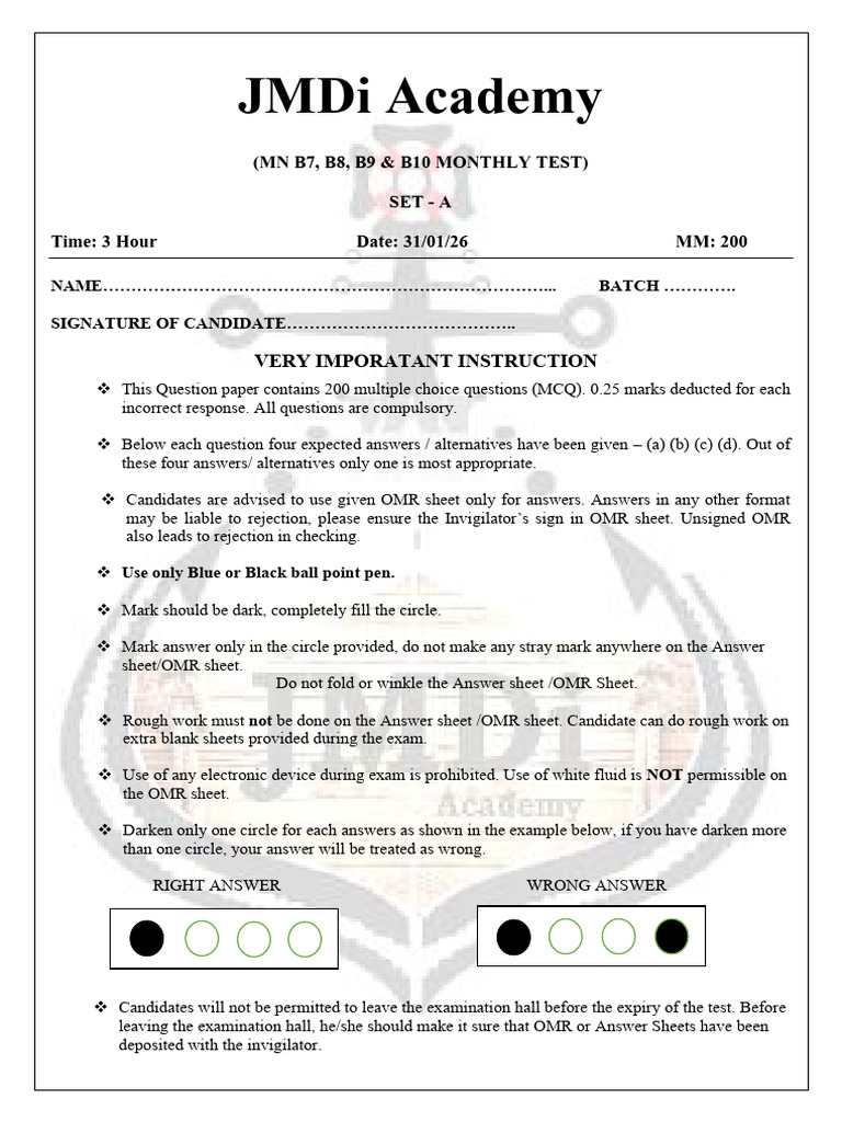 Monthly Test Jan 2026 Batch 7-10 Set A | PDF | Function (Mathematics ...
