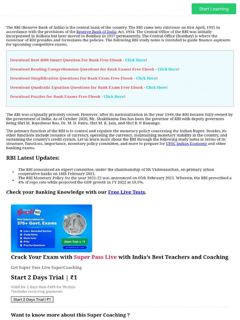 RBI Study Notes - Overview, Structure, Functions, Monetary Policy | PDF
