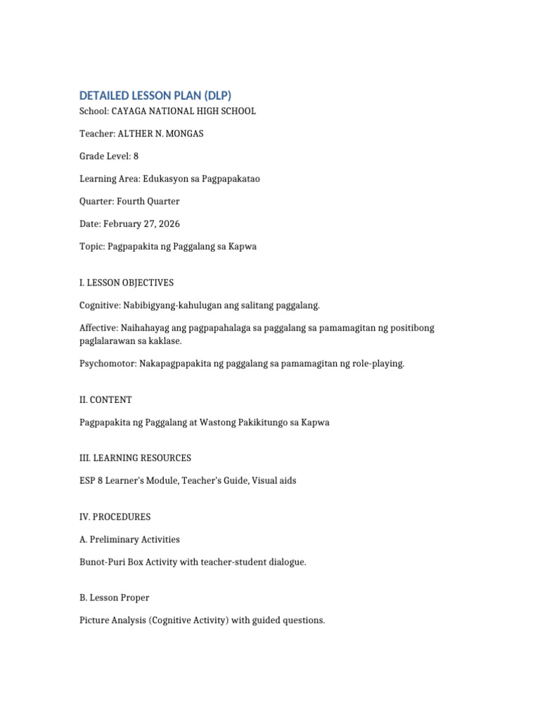 Detailed Lesson Plan Respect | PDF