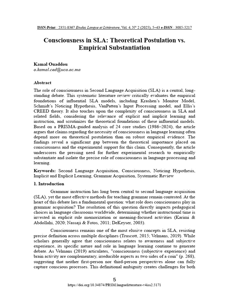 Consciousness in SLA: Theoretical Postulation vs. Empirical ...