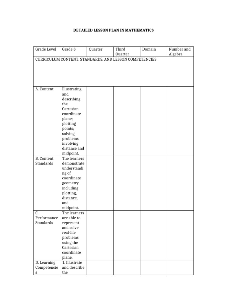 DepEd Exact Table Detailed Lesson Plan | PDF | Cartesian Coordinate ...