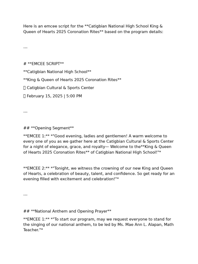 King and Queen MC Script | PDF