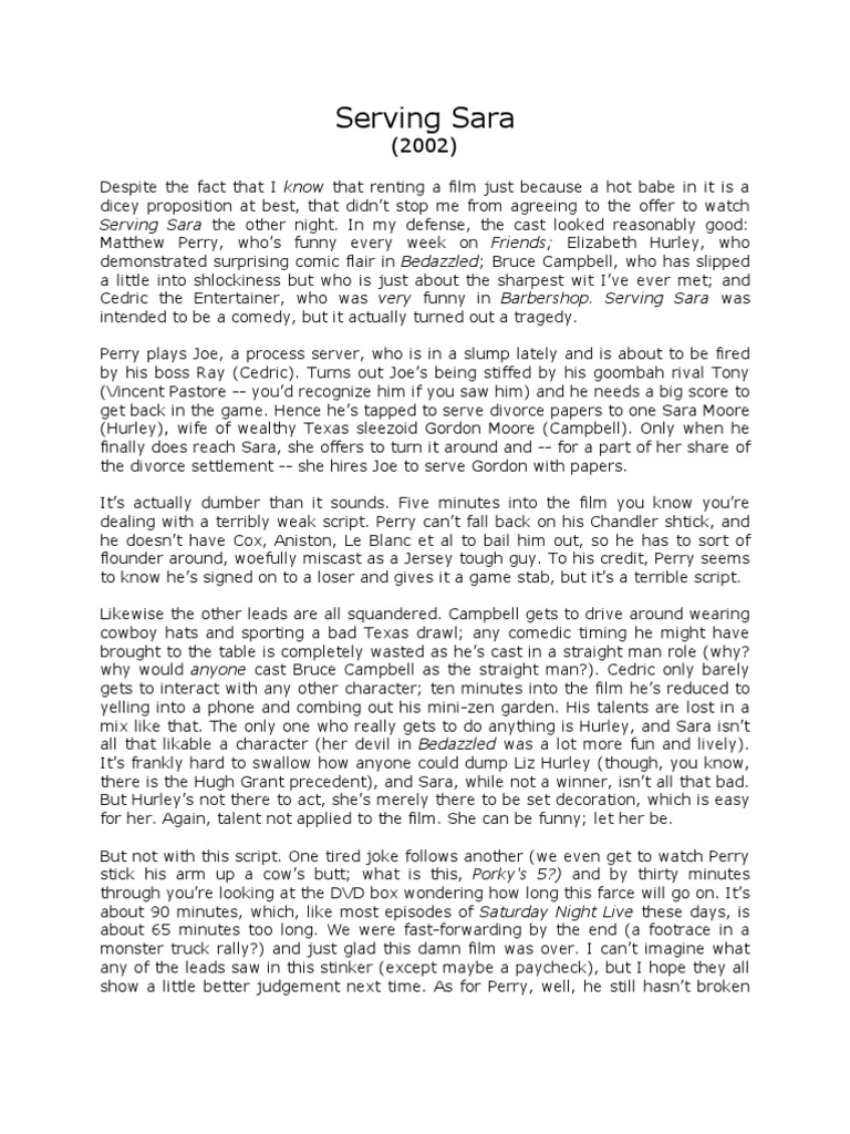 Serving Sara Movie Review PDF Leisure Entertainment (General)