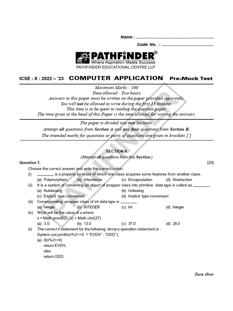 Computer Application X Pre Mock Test - 2022 23 - QP | PDF | Computer ...