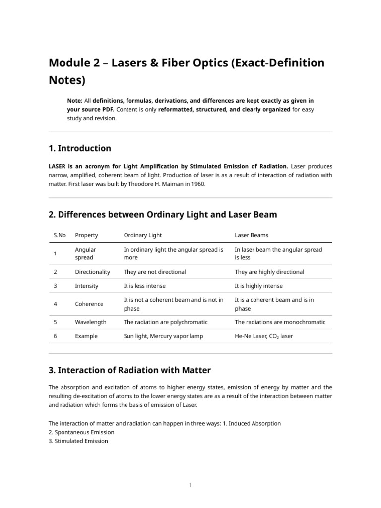 Module 2 - Lasers & Fiber Optics (Exact-Definition Notes) | PDF | Laser ...