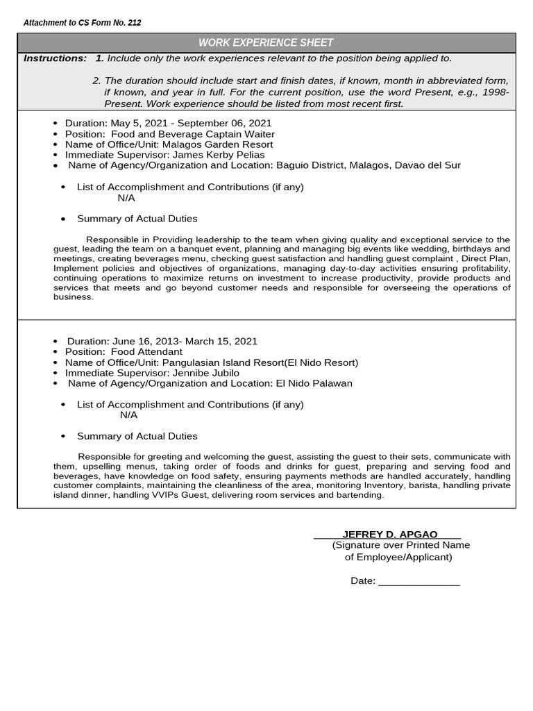 ANNEX H-2 - CS Form No. 212 Attachment - Work Experience Sheet | PDF