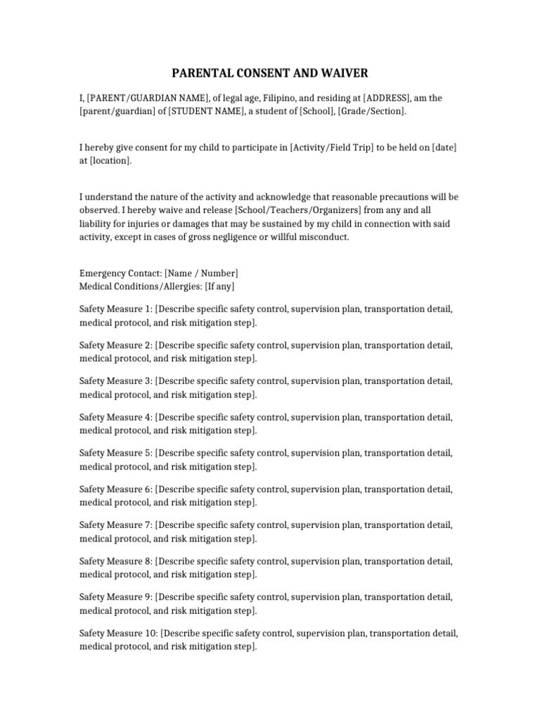 05 Parental Consent and Waiver Template Long | PDF | Safety | Information