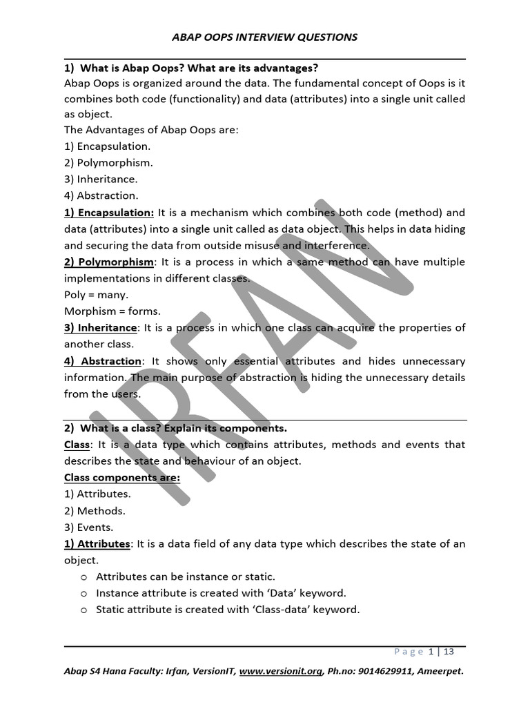 Interview Questions III - Abap OOPS PDF | PDF | Inheritance (Object ...