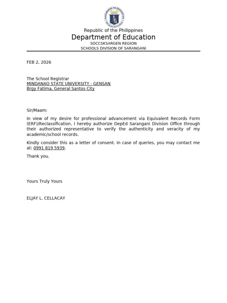 Recla - Consent Letter For Graduate School Registrar Office | PDF