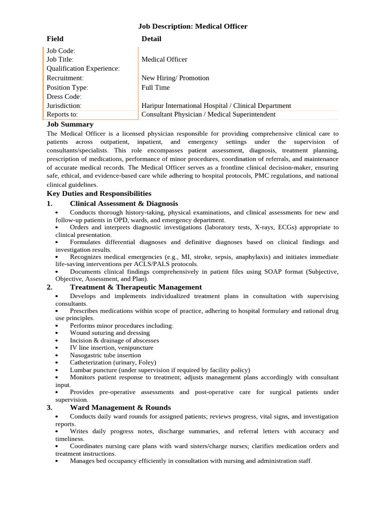 Job Description Medical Officer | PDF | Medicine | Medical Diagnosis
