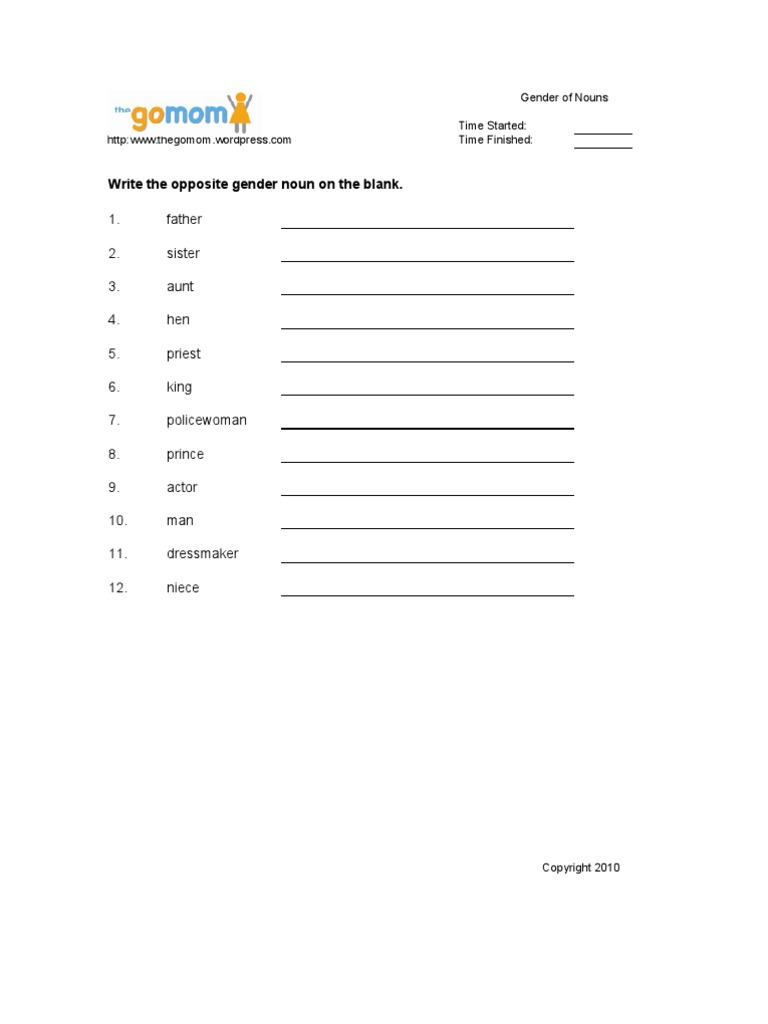 gender of nouns 3 worksheets