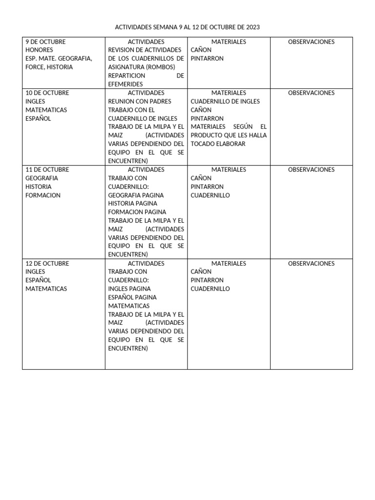 Actividades Semana 9 Al 12 de Octubre de 2023 | PDF