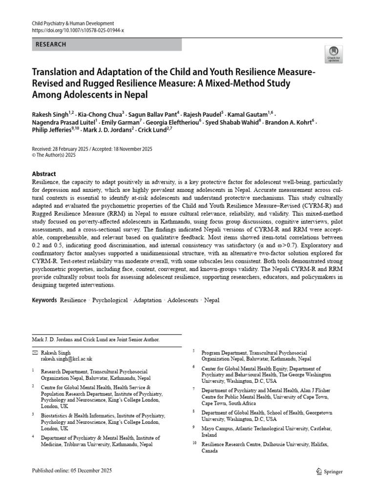 s10578 025 01944 X | PDF | Psychological Resilience | Adolescence