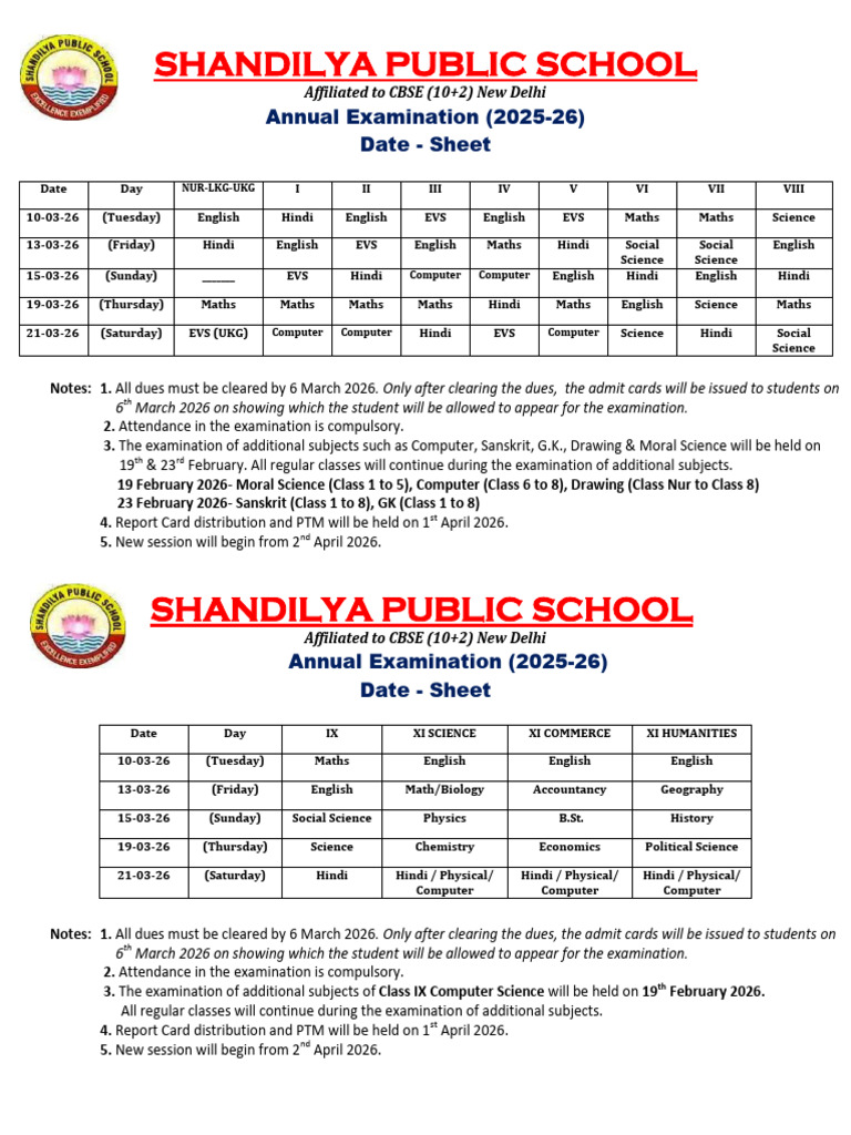 Datesheet Annual Exam 2025-26 | PDF | Science