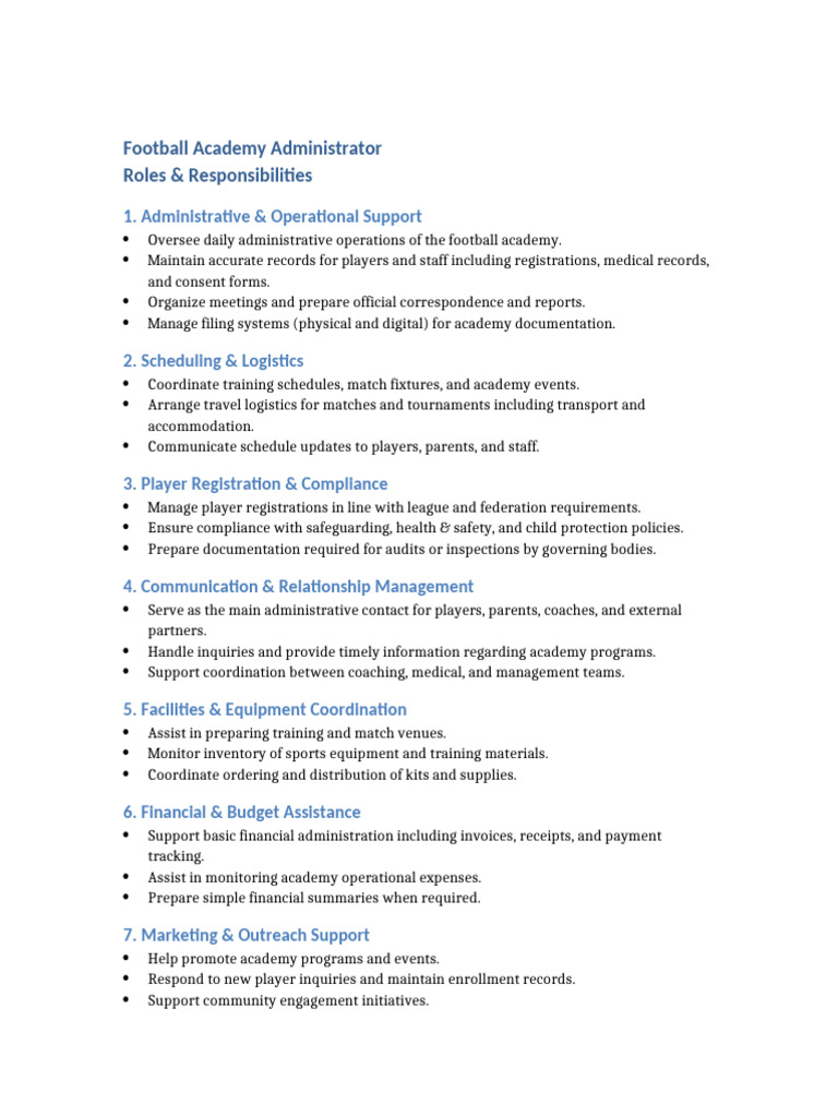 Football Academy Administrator Roles and Responsibilities | PDF