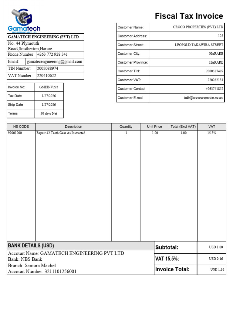 Fiscal Tax Invoice: No. 44 Plymouth Road, Southerton, Harare | PDF