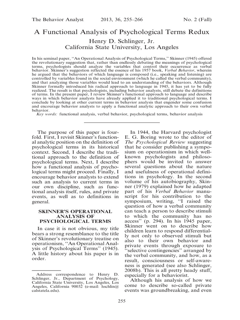 Schlinger - 2013 - A Functional Analysis of Psychological Terms | PDF ...