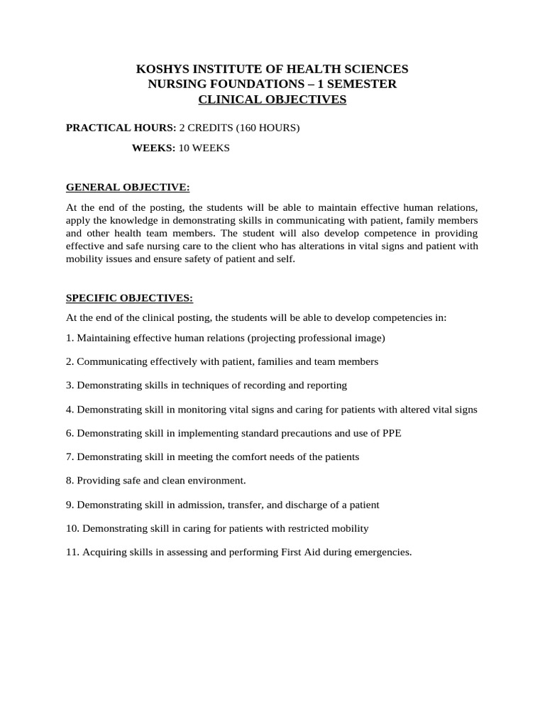 Nursing Foundation - Clinical Objectives | PDF | Nursing | Medicine