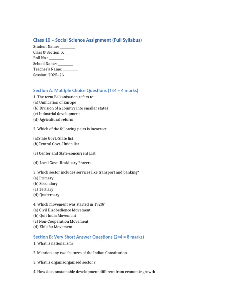 Class X Assignment 2 | PDF