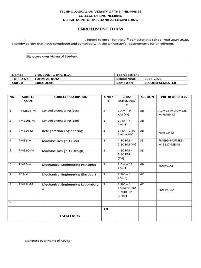 Enrollment-Form (2) 3rd Yer 1st Option | PDF | Engineering | Mechanical ...