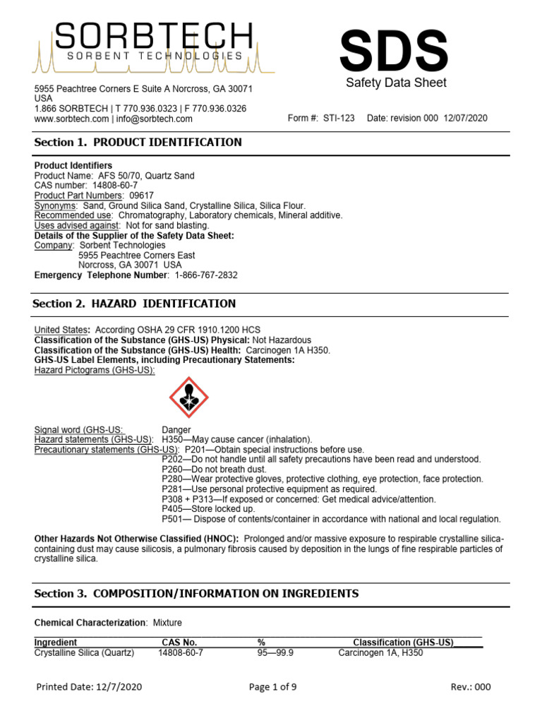 MSDS AFS 50 - 70, Quartz Sand | PDF | Firefighting | Occupational ...
