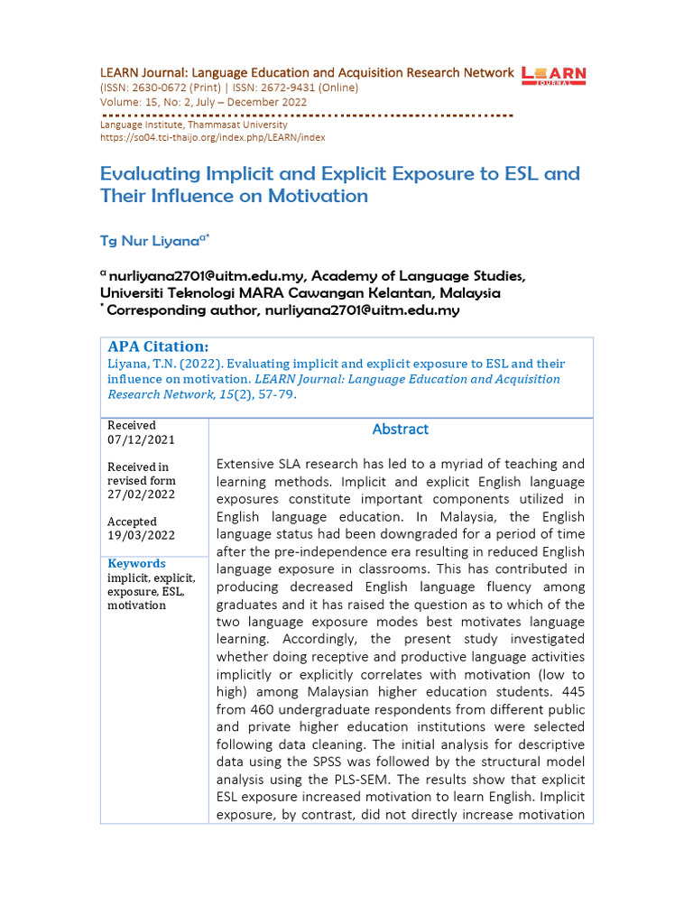 Evaluating Implicit and Explicit Exposure To ESL and Their Influence On ...