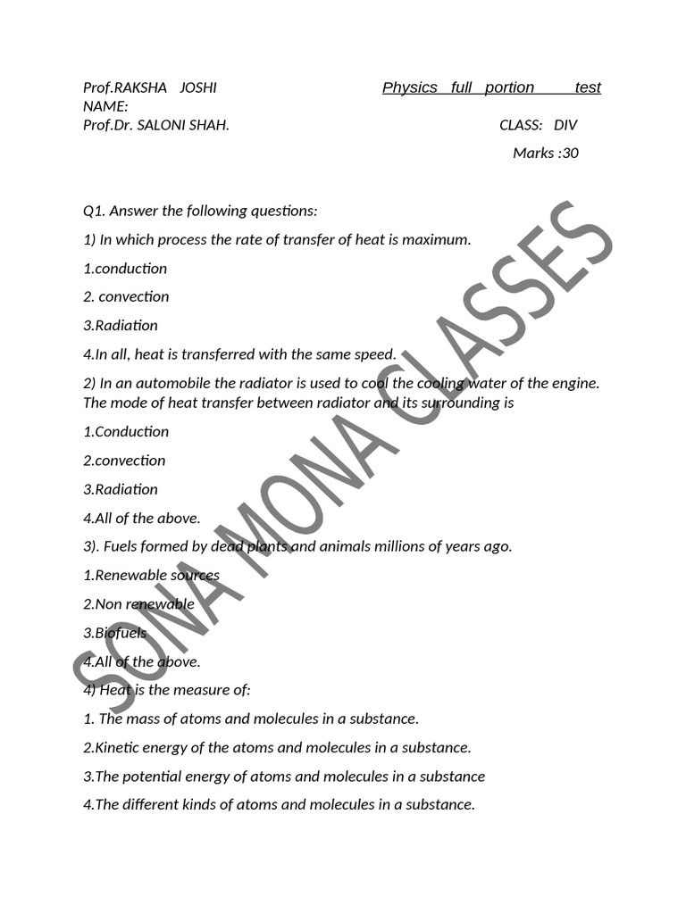 Physics Full Portion Test Grade 8 | PDF | Heat | Heat Transfer