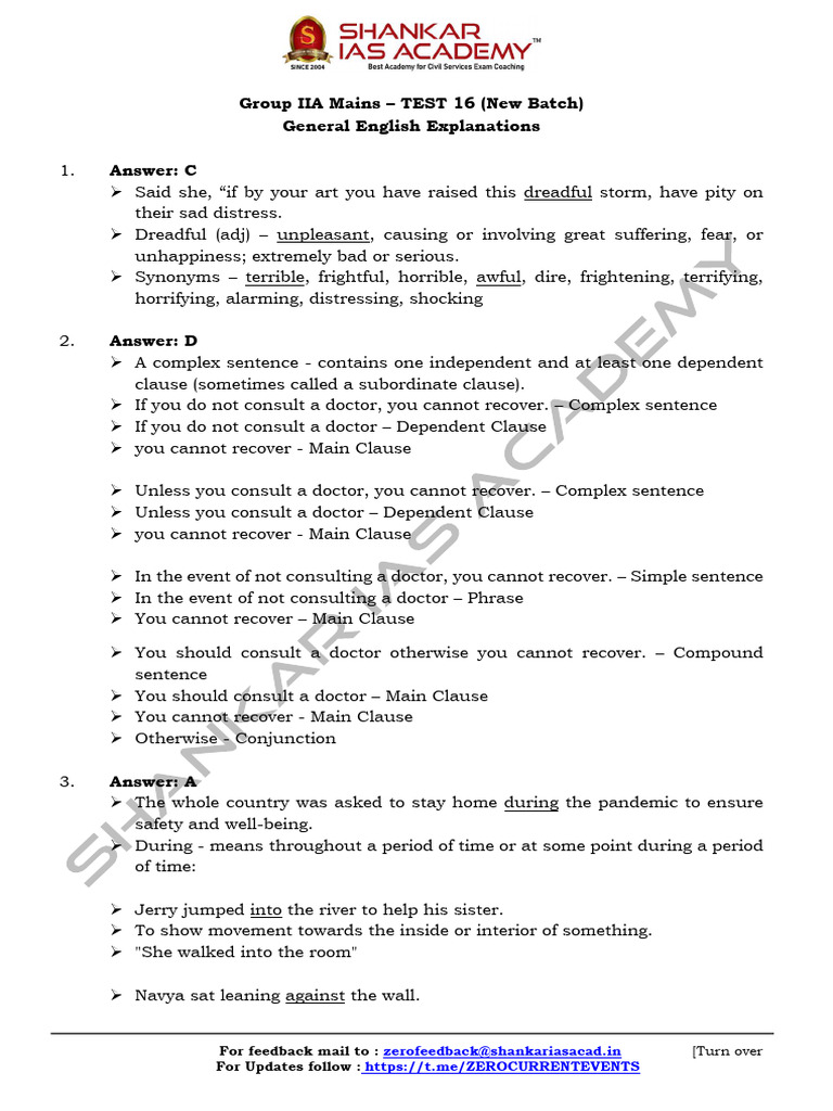Group II A Mains Test 16 General English Explanations New Batch | PDF ...