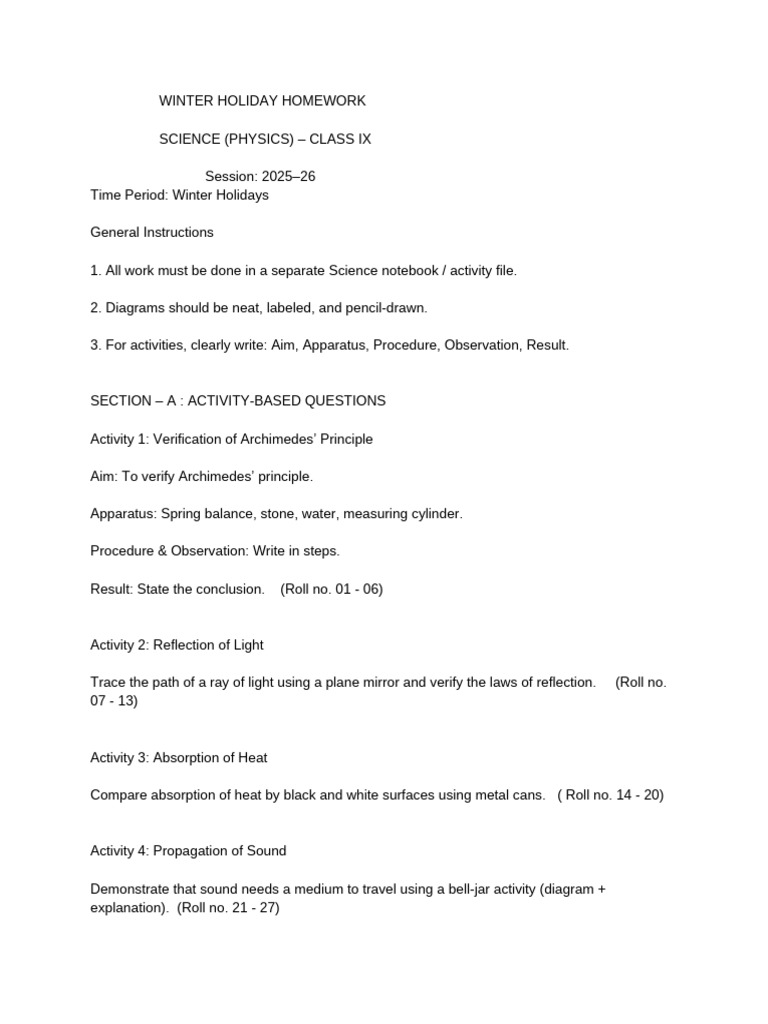 Class 9 Holiday Homework Subject Physics | PDF