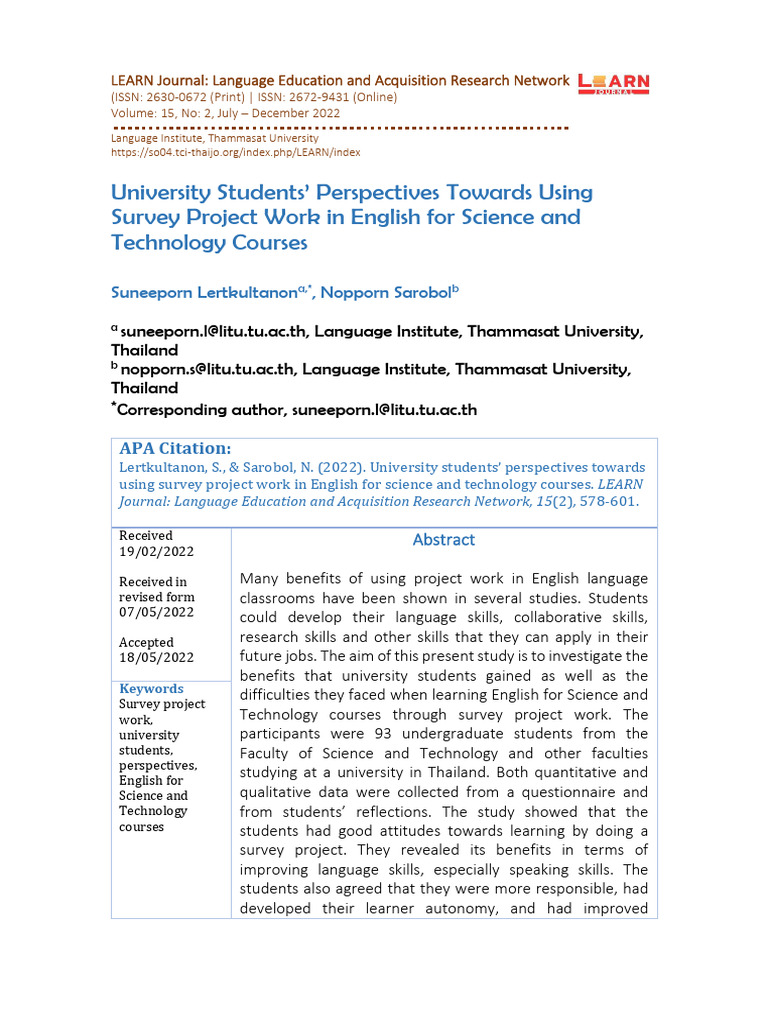 University Students' Perspectives: Towards Using Survey Project Work in ...