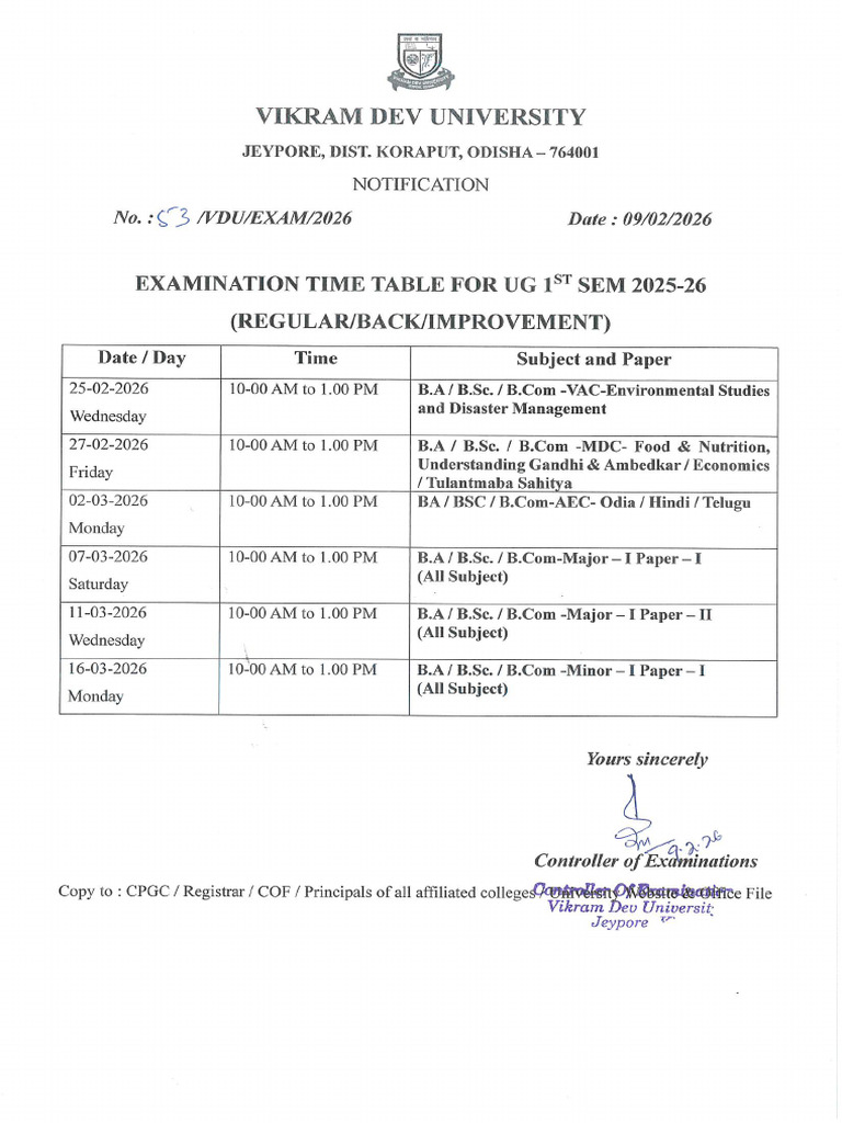 Exam Time Table UG 1st Sem 2025-26 Regular Back Imp NEP Batch | PDF