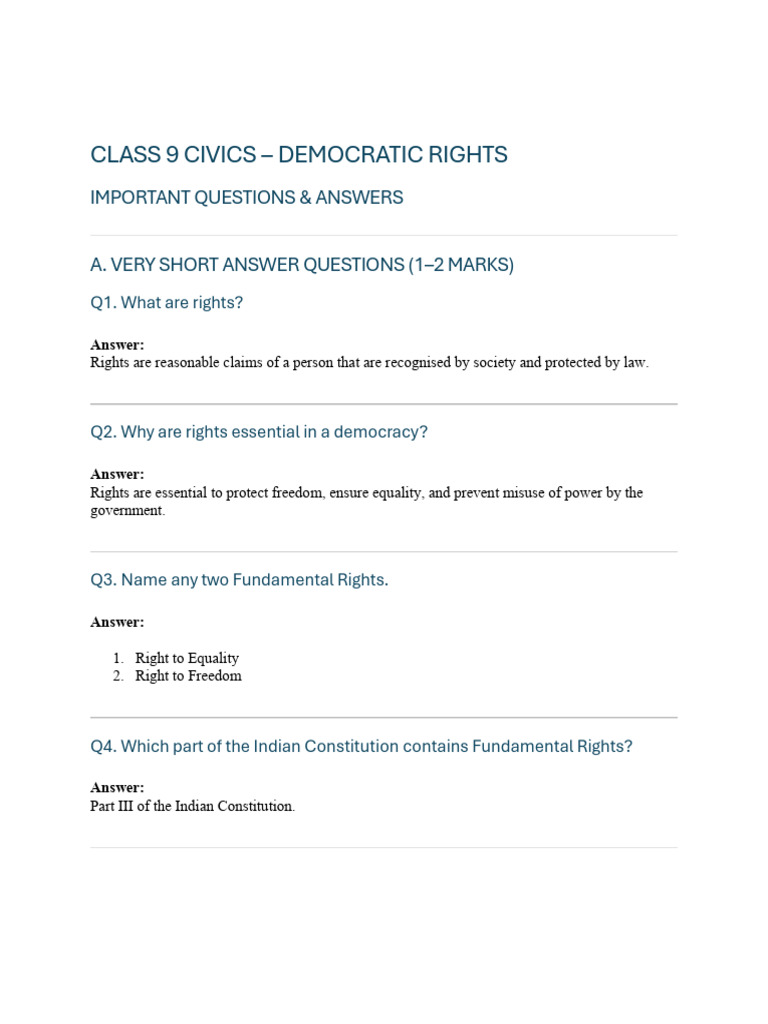 Class 9 Civics - Democratic Rights: Important Questions & Answers A ...
