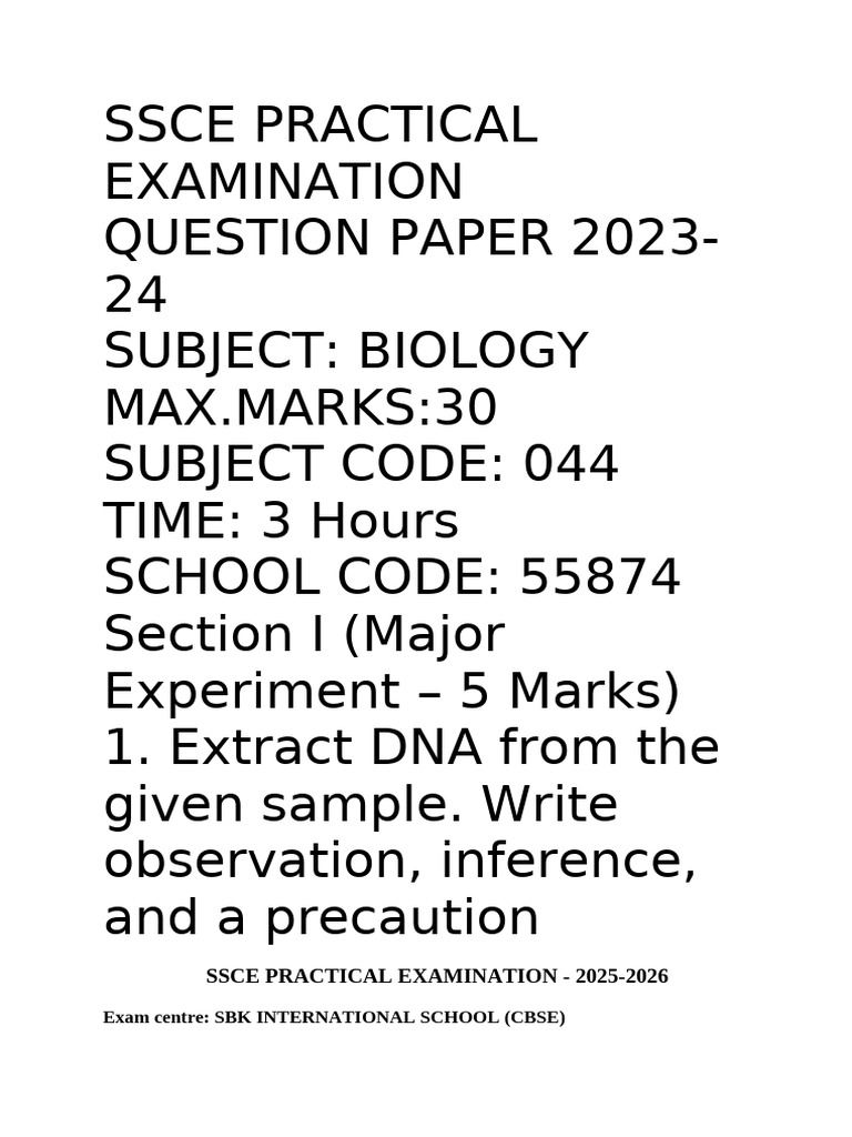 Ssce Biology Practical Examination Question Paper 2023 | PDF