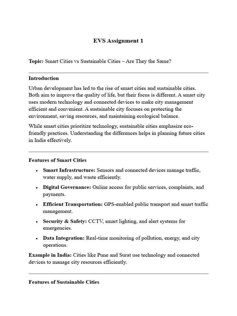 EVS Assignments | PDF | Sustainable City | Sustainability