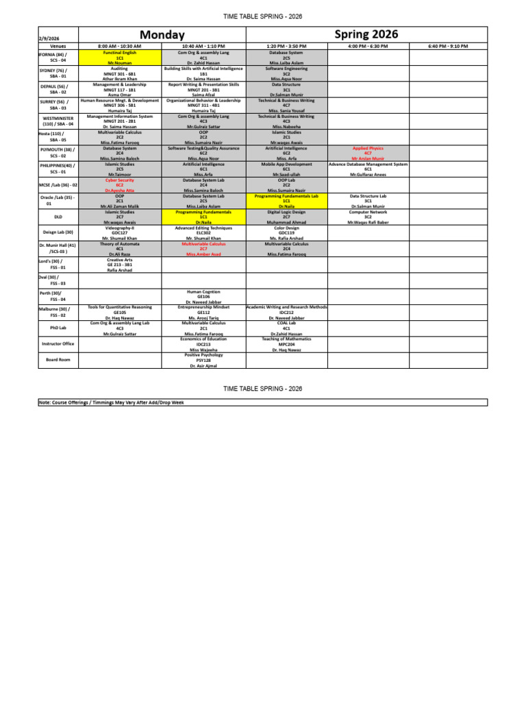 Morning & Weekend Time Table Spring - 2026 - Time Table - F25 | PDF