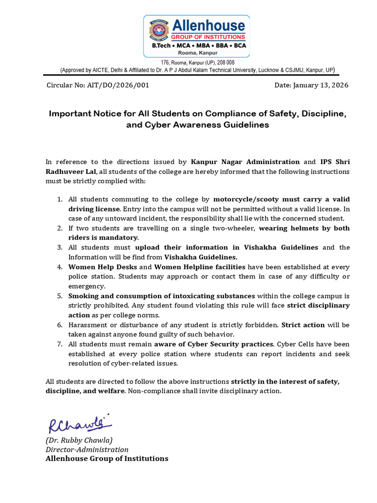 Important Notice For All Students On Compliance of Safety, Discipline ...