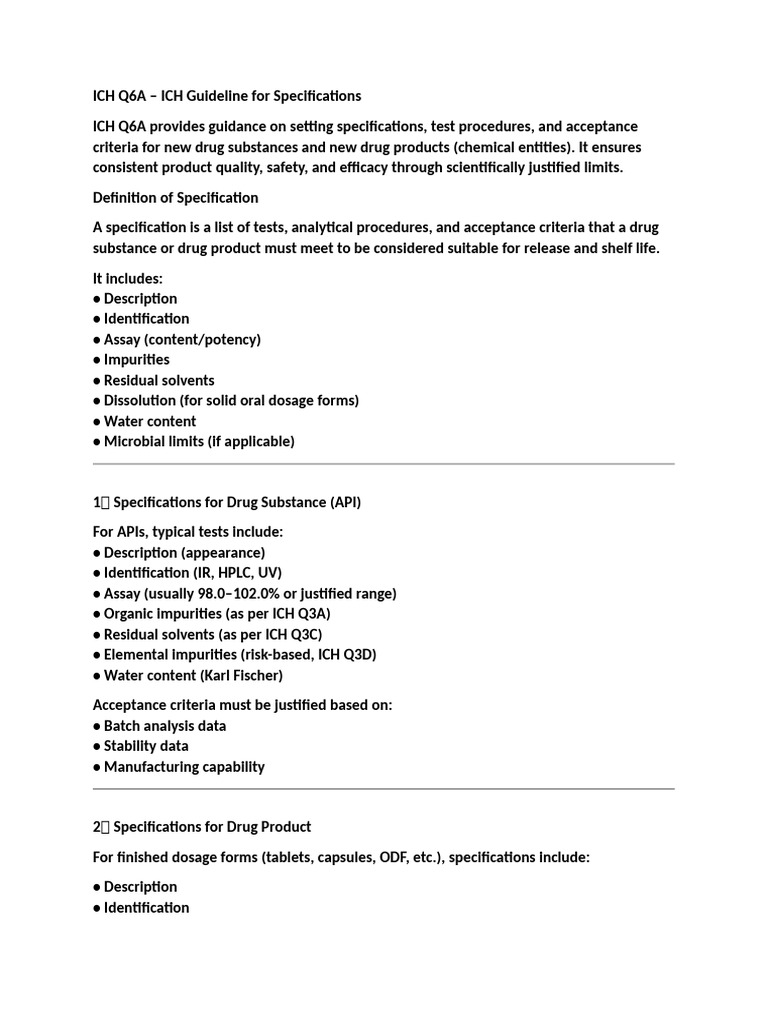 ICH Q6A - ICH Guideline For Specifications | PDF | Pharmaceutical ...