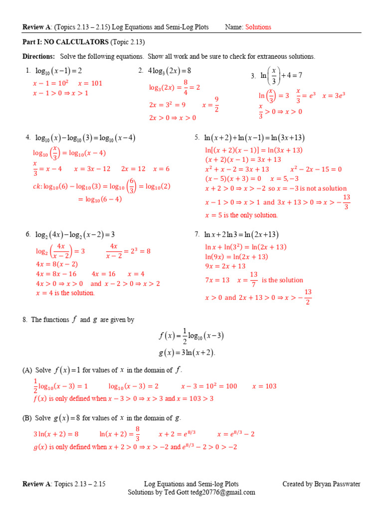 Review A Key Topics 2.13 - 2.15 Log Equations and Semi-Log Plots | PDF